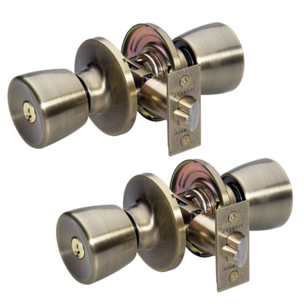 Master Lock TUO0105T Tulip Door Knob with Lock, Antique Brass, Pack of 2