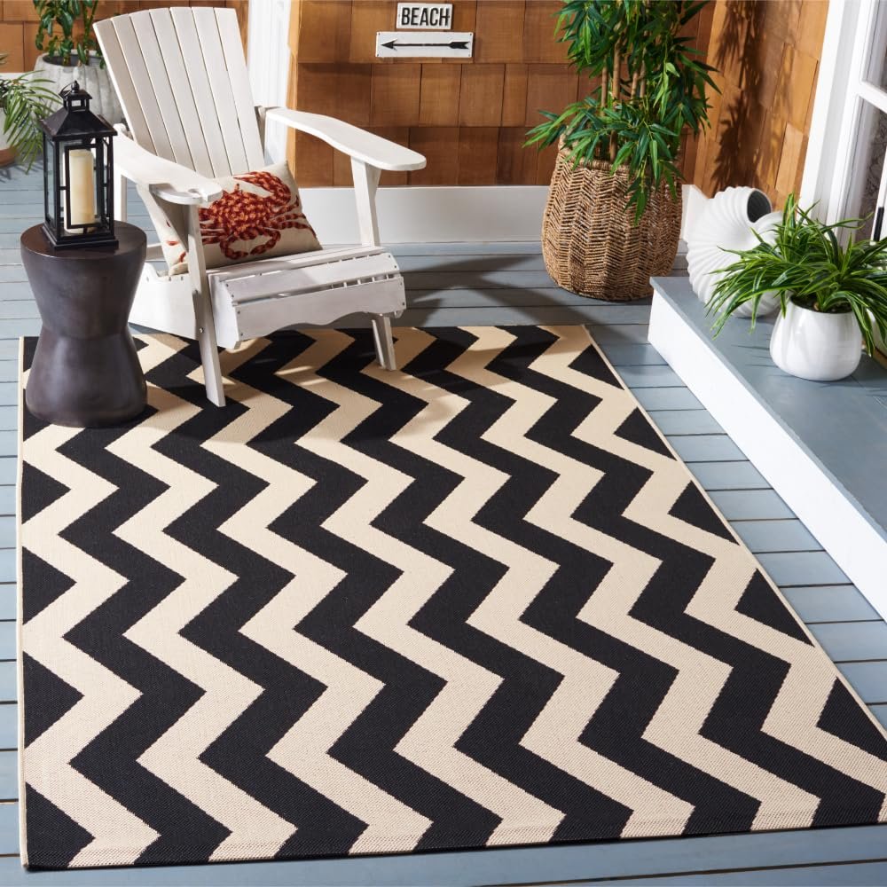 SAFAVIEH Washable Rug Outdoor Courtyard Collection - 6'7" x 9'6", Black & Beige, Non-Shedding & Easy Cleaning, Ideal for Patio, Backyard, Mudroom (CY6245-256)
