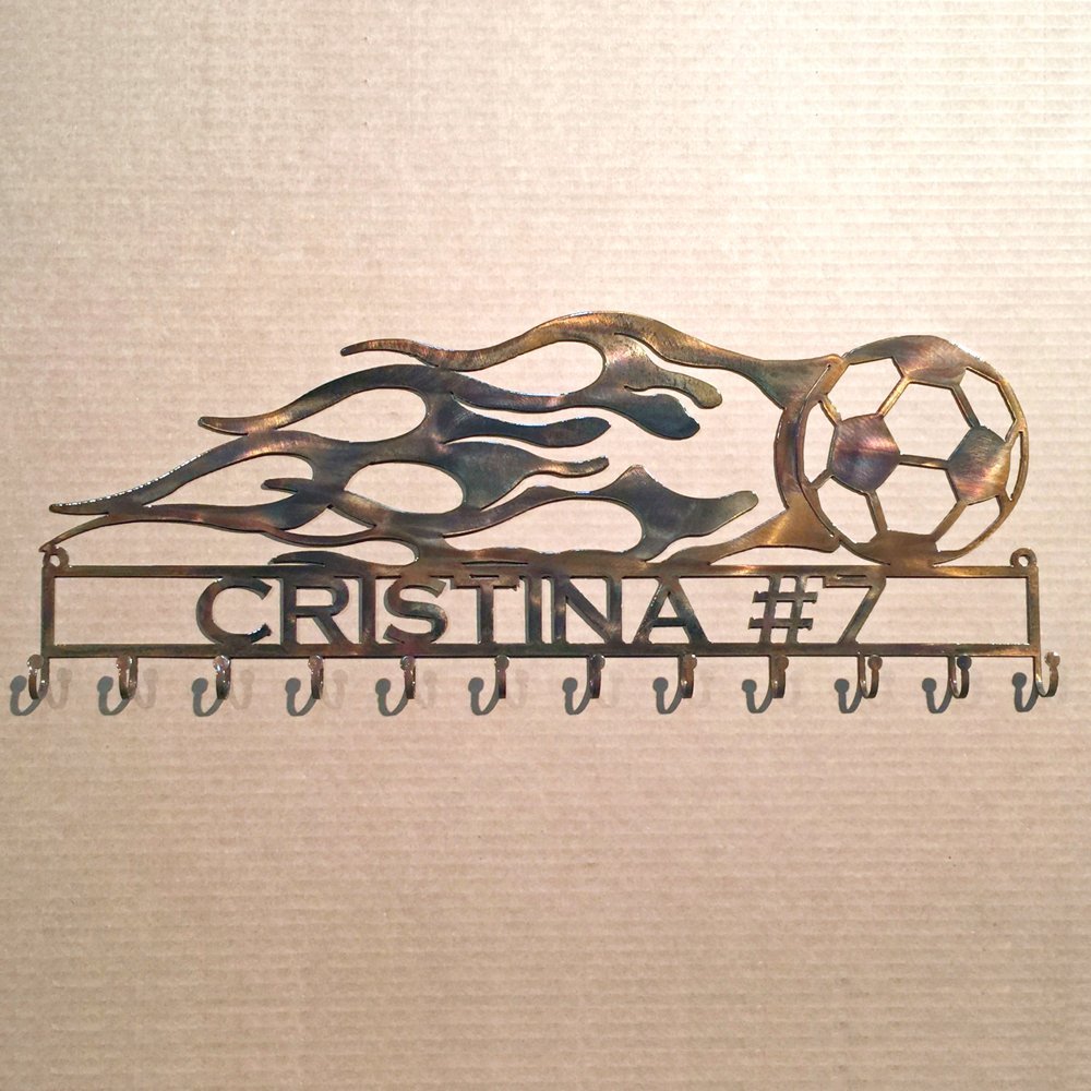 Flames on a Soccer Ball with Custom Text Box and 12 Hooks (H20)