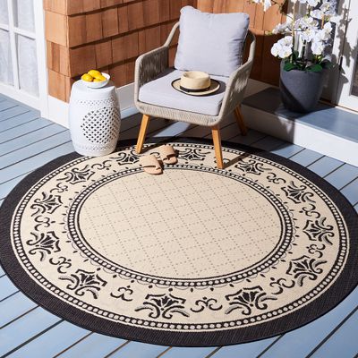 SAFAVIEH Washable Rug Outdoor Courtyard Collection - 7'10" Round, Sand & Black, Non-Shedding & Easy Cleaning, Ideal for Patio, Backyard, Mudroom (CY0901-3901)