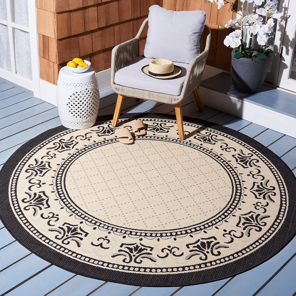 SAFAVIEH Washable Rug Outdoor Courtyard Collection - 7'10" Round, Sand & Black, Non-Shedding & Easy Cleaning, Ideal for Patio, Backyard, Mudroom (CY0901-3901)