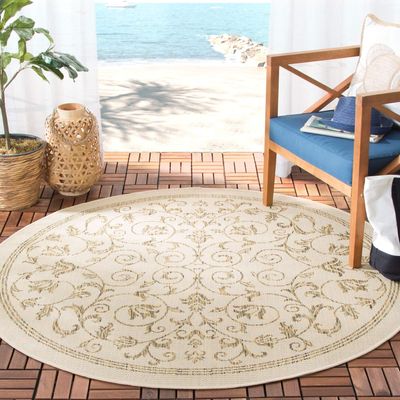 SAFAVIEH Washable Rug Outdoor Courtyard Collection - 7'10" Round, Natural & Brown, Non-Shedding & Easy Cleaning, Ideal for Patio, Backyard, Mudroom (CY2098-3001)