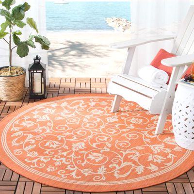 SAFAVIEH Washable Rug Outdoor Courtyard Collection - 7'10" Round, Terracotta & Natural, Non-Shedding & Easy Cleaning, Ideal for Patio, Backyard, Mudroom (CY2098-3202)