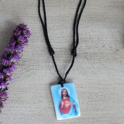 FavorOnline Colorful Religious Heart of Jesus Icon Scapular Pendant-Necklace with Rat-Tail Adjustable Cord