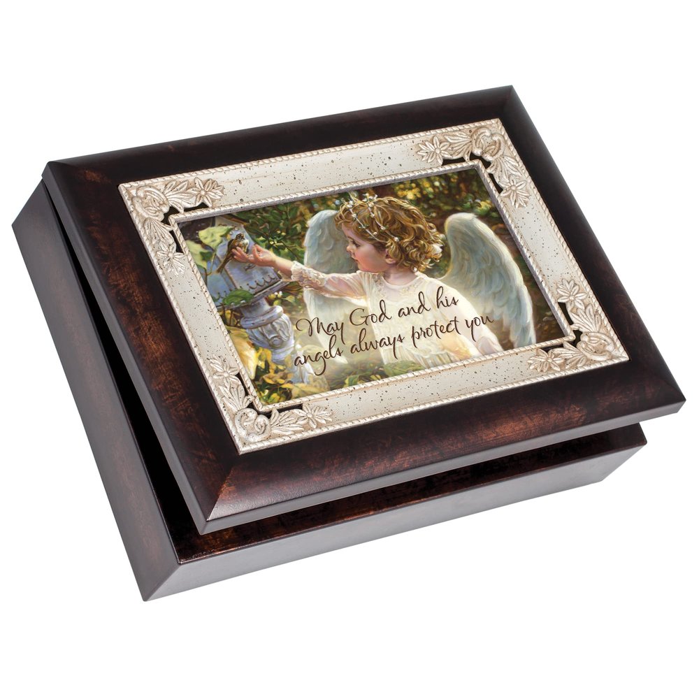 Cottage Garden May God and His Angels Burlwood Jewelry Music Box Plays Amazing Grace