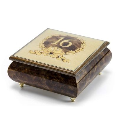 Sweet 16 Centered in Gold Wreath Sorrento Inlaid Music Jewelry Box - Many Songs to Choose - La Traviata