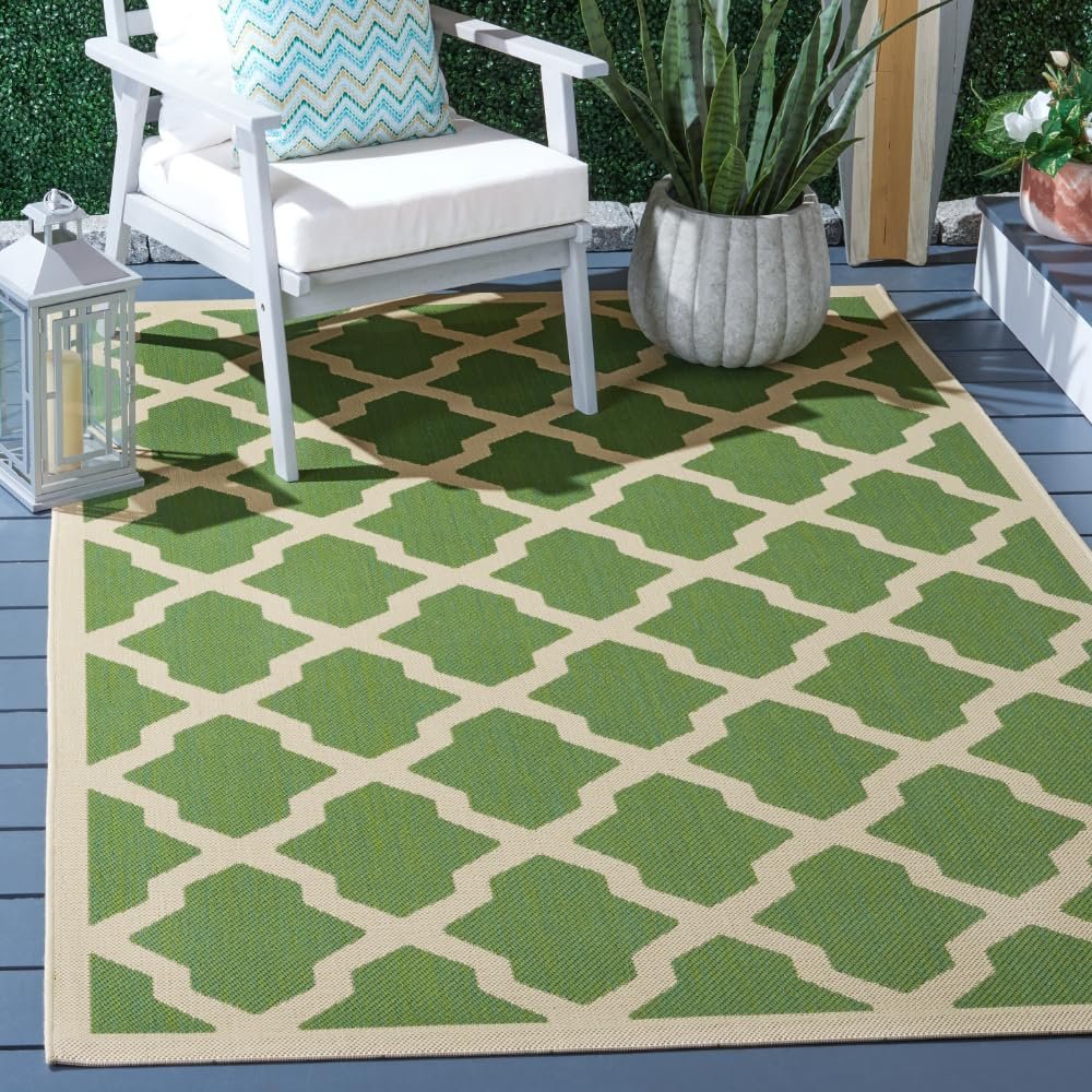 SAFAVIEH Washable Rug Outdoor Courtyard Collection - 6'7" x 9'6", Green & Beige, Non-Shedding & Easy Cleaning, Ideal for Patio, Backyard, Mudroom (CY6903-244)