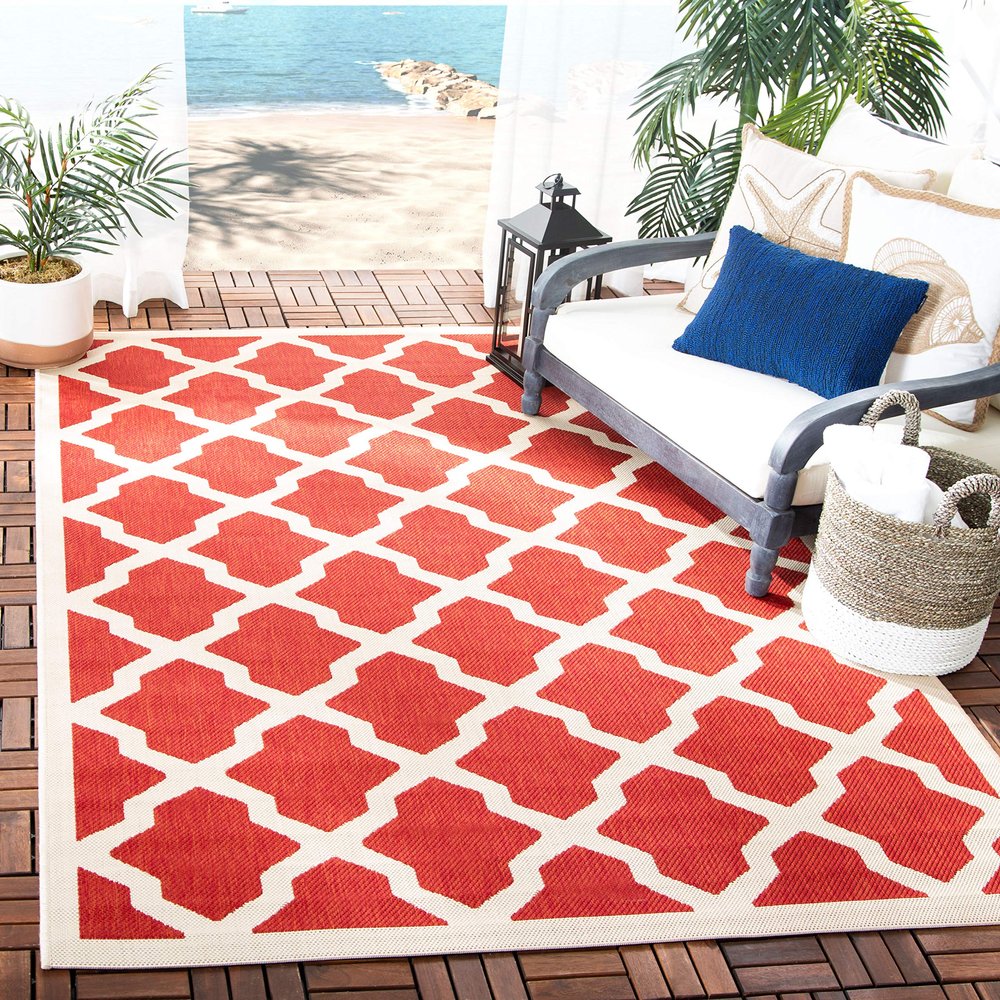 SAFAVIEH Washable Rug Outdoor Courtyard Collection - 7'10" Square, Red & Bone, Non-Shedding & Easy Cleaning, Ideal for Patio, Backyard, Mudroom (CY6903-248)