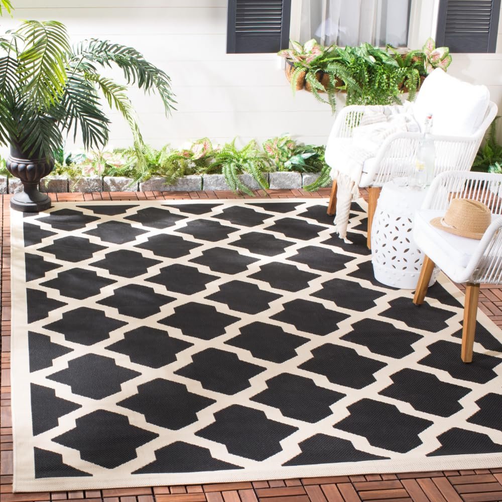 SAFAVIEH Washable Rug Outdoor Courtyard Collection - 6'7" x 9'6", Black & Beige, Non-Shedding & Easy Cleaning, Ideal for Patio, Backyard, Mudroom (CY6903-266)