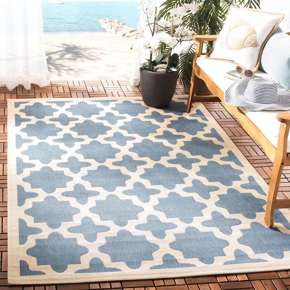 SAFAVIEH Washable Rug Outdoor Courtyard Collection - 7'10" Square, Blue & Beige, Non-Shedding & Easy Cleaning, Ideal for Patio, Backyard, Mudroom (CY6913-243)