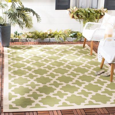 SAFAVIEH Washable Rug Outdoor Courtyard Collection - 6'7" x 9'6", Green & Beige, Non-Shedding & Easy Cleaning, Ideal for Patio, Backyard, Mudroom (CY6913-244)