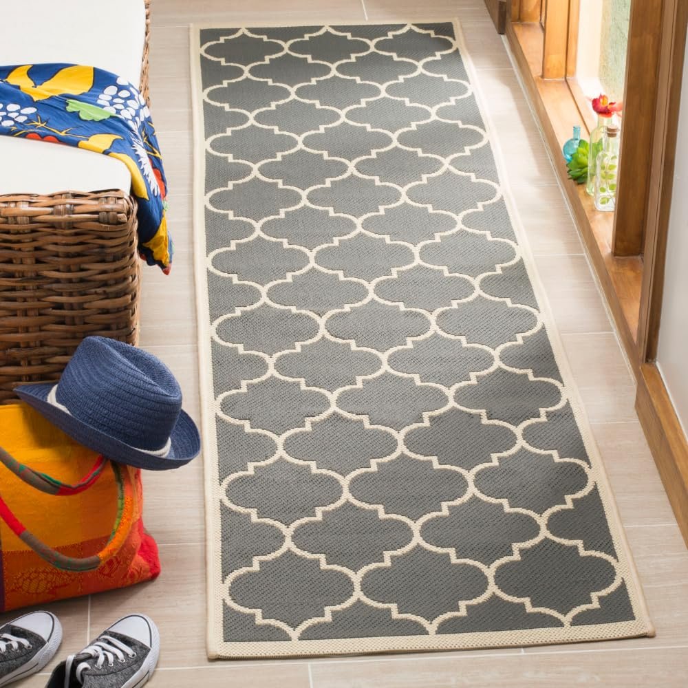 SAFAVIEH Washable Rug Outdoor Courtyard Collection - 2'3" x 10' Runner, Anthracite & Beige, Non-Shedding & Easy Cleaning, Ideal for Patio, Entryway, Mudroom, Hallway, Kitchen (CY6914-246)