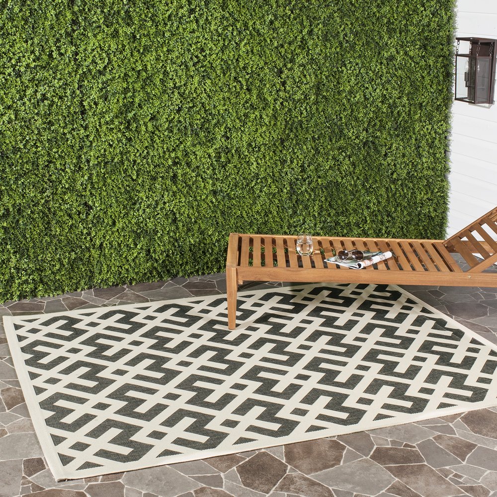 SAFAVIEH Washable Rug Outdoor Courtyard Collection - 7'10" Square, Black & Beige, Non-Shedding & Easy Cleaning, Ideal for Patio, Backyard, Mudroom (CY6915-216)