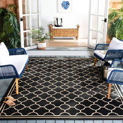 SAFAVIEH Washable Rug Outdoor Courtyard Collection - 7'10" Square, Black & Beige, Non-Shedding & Easy Cleaning, Ideal for Patio, Backyard, Mudroom (CY6918-226)