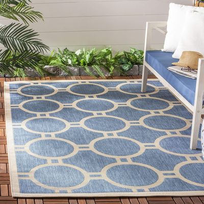 SAFAVIEH Washable Rug Outdoor Courtyard Collection - 7'10" Square, Blue & Beige, Non-Shedding & Easy Cleaning, Ideal for Patio, Backyard, Mudroom (CY6924-243)