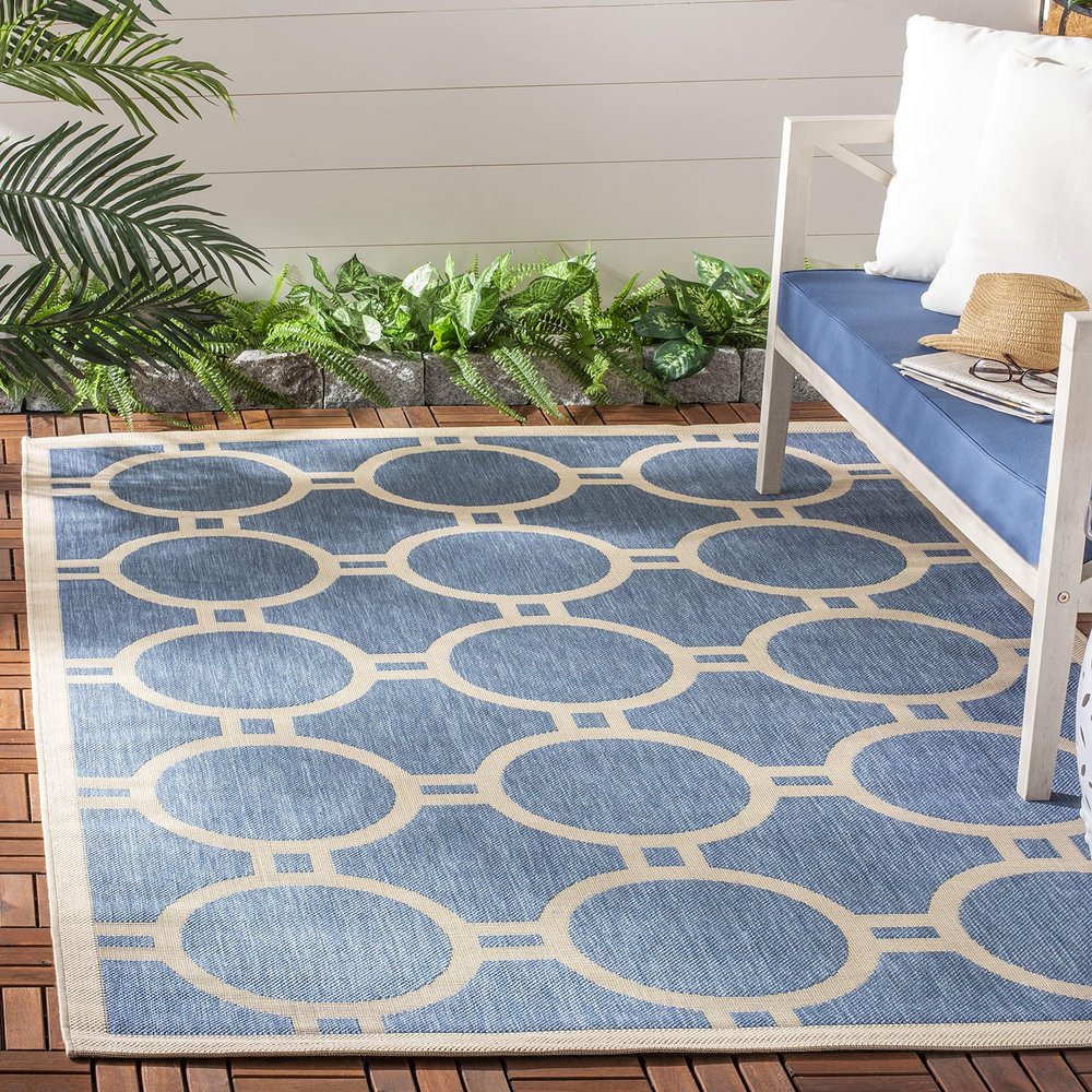 SAFAVIEH Washable Rug Outdoor Courtyard Collection - 7'10" Square, Blue & Beige, Non-Shedding & Easy Cleaning, Ideal for Patio, Backyard, Mudroom (CY6924-243)