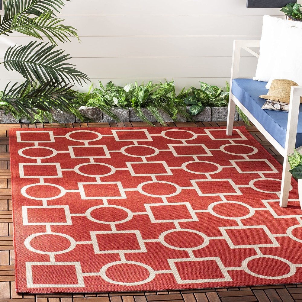 SAFAVIEH Washable Rug Outdoor Courtyard Collection - 7'10" Square, Red & Bone, Non-Shedding & Easy Cleaning, Ideal for Patio, Backyard, Mudroom (CY6925-248)