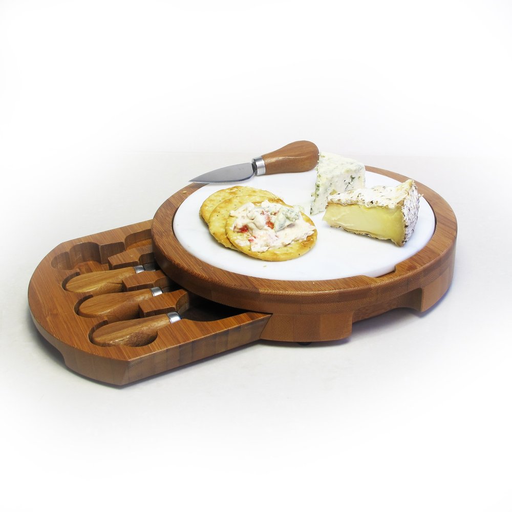 American Atelier Marble and Bamboo Cheeseboard with 4-Knive