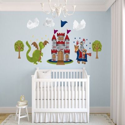 Knight and Dragon Fabric Wall Decals - Jumbo Sized - Knight, Dragon, Castle, Trees, Clouds
