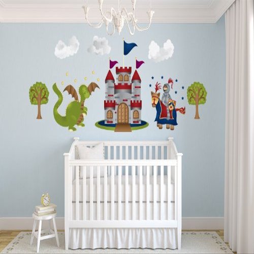 Knight and Dragon Fabric Wall Decals - Jumbo Sized - Knight, Dragon, Castle, Trees, Clouds