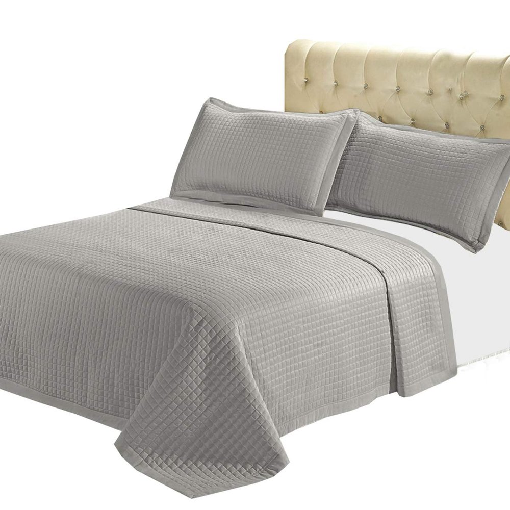 7- Pcs Bed Spread Set- King- Grey-Checkered Quilted Wrinkle-Free Microfiber Includes 3-Pcs Coverlets Set and 4-Pcs Sheet Set
