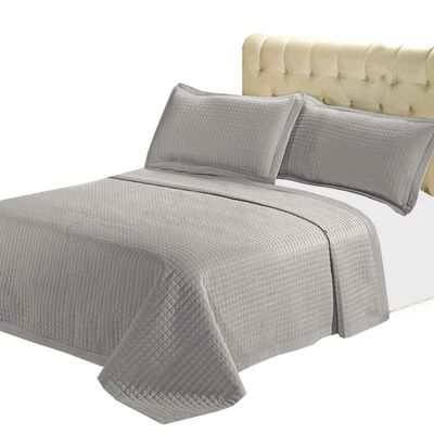 7- Pcs Bed Spread Set- California King- Grey-Checkered Quilted Wrinkle-Free Microfiber Includes 3-Pcs Coverlets Set and 4-Pcs Sheet Set
