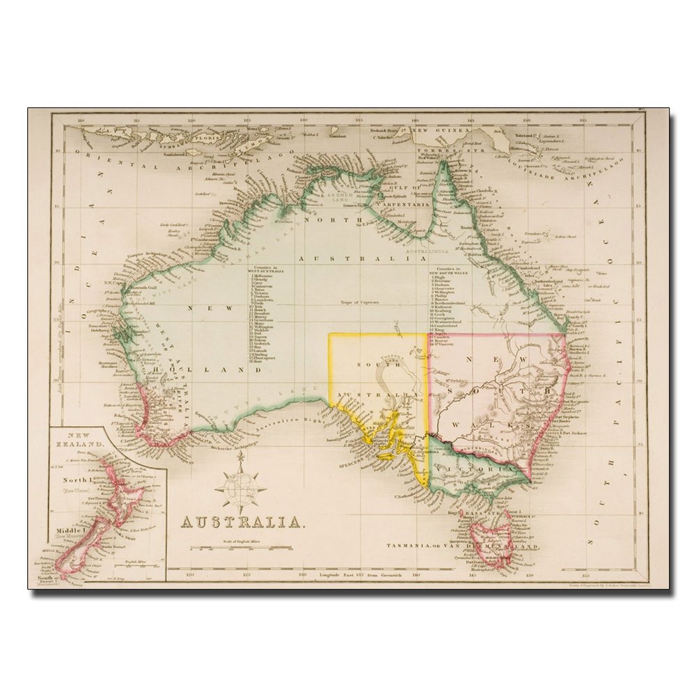 Trademark Fine Art Map of Australia and New Zealand by J. Archer Canvas Artwork, 18 by 24-Inch