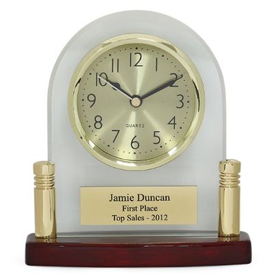 Arched Glass Personalized Desk Clock with Piano Finish Base