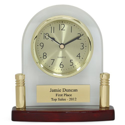 Arched Glass Personalized Desk Clock with Piano Finish Base