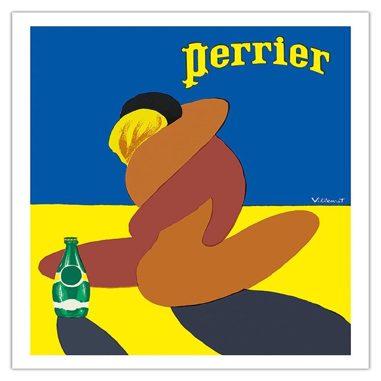 Perrier - Lovers Couple Embracing - French Bottled Water - Vintage Advertising Poster by Bernard Villemot c.1980 - Fine Art Matte Paper Print (Unframed) 20x26in
