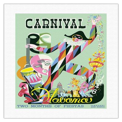 1948 Carnival Havana Cuba - Two Months of Fiestas February and March - Vintage Travel Poster by Enrique Caravia c.1948 - Fine Art Rolled Canvas Print 16in x 20in