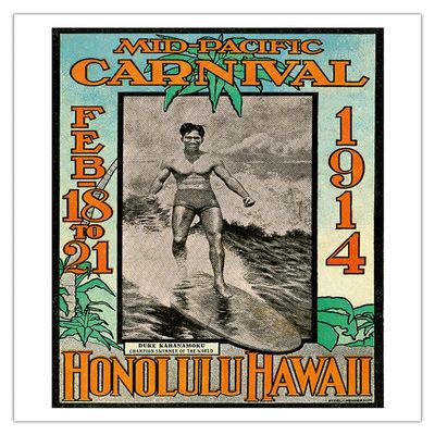 1914 Mid-Pacific Carnival - Duke Kahanamoku - Honolulu Hawaii - Vintage Travel Poster by Lew Henderson, Ned Steel c.1914 - Fine Art Rolled Canvas Print 20in x 26in