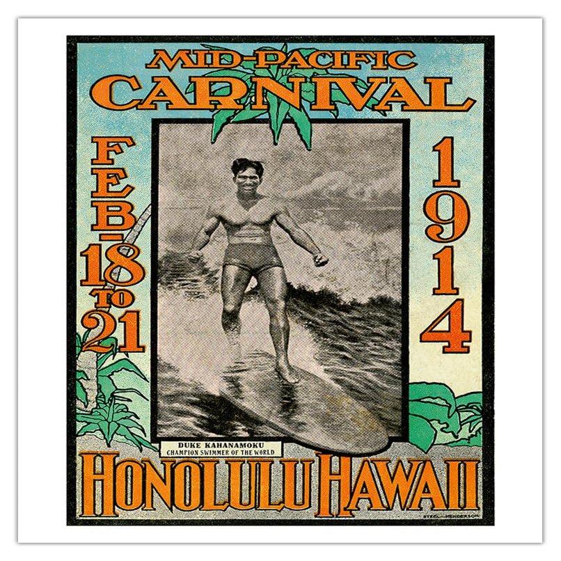 1914 Mid-Pacific Carnival - Duke Kahanamoku - Honolulu Hawaii - Vintage Travel Poster by Lew Henderson, Ned Steel c.1914 - Fine Art Rolled Canvas Print 20in x 26in