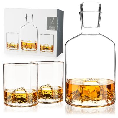 Viski Mountain Decanter and Tumbler Set, Percect for Scotch and Bourbon, Hand-Blown Whiskey Gifts for Men, Set of 3, 24oz Decanter, 9oz Tumblers