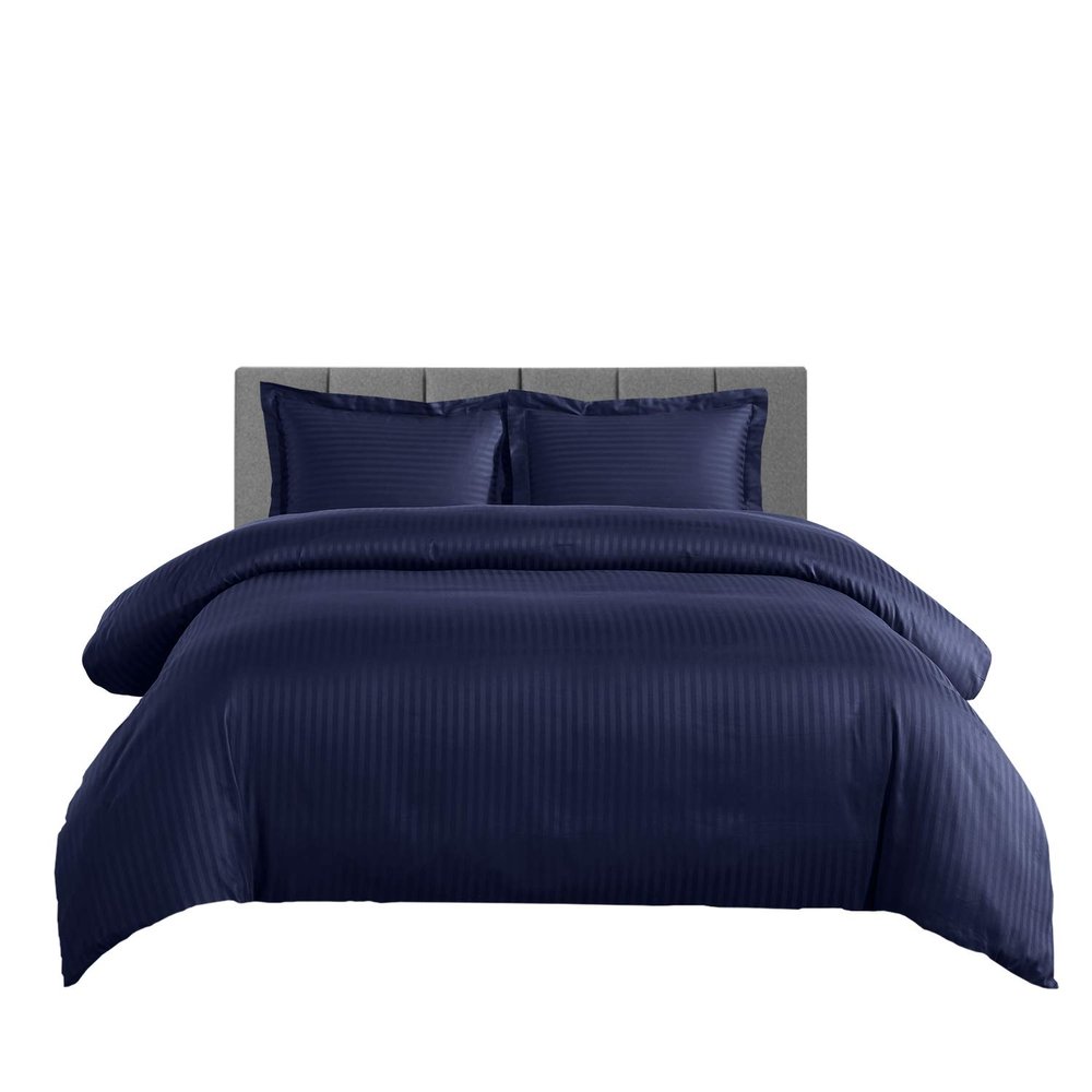 sheetsnthings Damask Stripes 300-Thread-Count, 100-Percent Cotton Full-Queen 3PC Duvet Cover Set with Buttons Enclosure, Navy