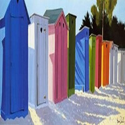 buyartforless Beach Shacks in a Row Art Poster Print by Henri Deuil, 38x13 Cabanas Colorful Coastal