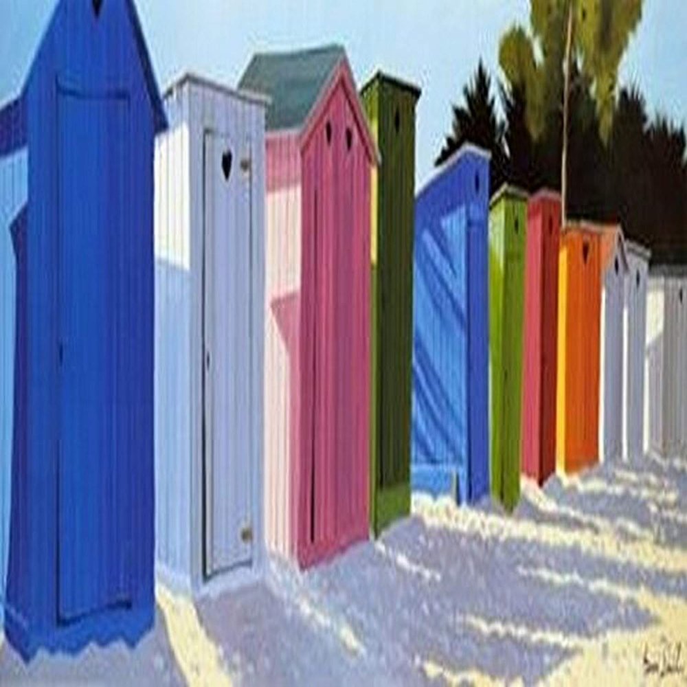 buyartforless Beach Shacks in a Row Art Poster Print by Henri Deuil, 38x13 Cabanas Colorful Coastal