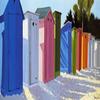 buyartforless Beach Shacks in a Row Art Poster Print by Henri Deuil, 38x13 Cabanas Colorful Coastal view 1