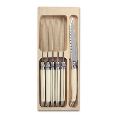 Andre Verdier Laguiole 6-Piece Steak Knife Set Debutant Collection Stainless-Steel and Resin Handle in Ivory