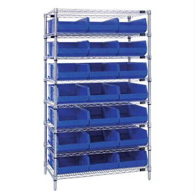 Quantum Storage Systems WR8-485BL Wire Heavy Duty 8 Shelves 21 Stackable Shelf Bins Blue Bins 74" H x 36" W x 21" D