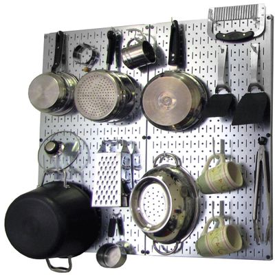 Wall Control Kitchen Pegboard Organizer Pots and Pans Storage Rack Organization Kit with Metallic Silver Pegboard and White Accessories