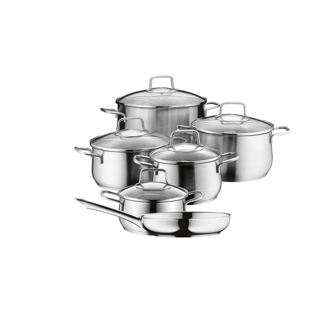 WMF Brilliant 6-Piece Induction Saucepan Set with Glass Lid, Matt Cromargan Stainless Steel, Induction Pots Set, Uncoated