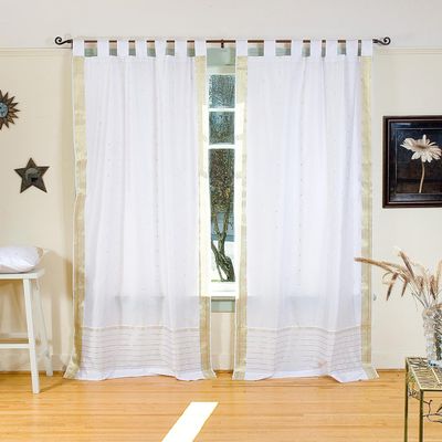 Indian Selections White with Gold Tab Top Sheer Sari Curtain/Drape/Panel - 43W x 63L - Pair