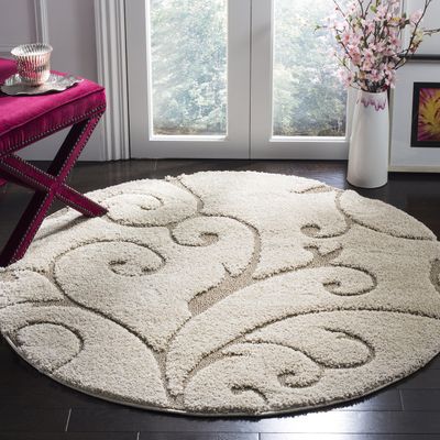 SAFAVIEH Florida Shag Collection Area Rug - 4' Round, Cream & Beige, Scroll Design, Non-Shedding & Easy to Clean, High-Low Plush Pile, Ideal for Living Room, Bedroom, Dining Space (SG455-1113)