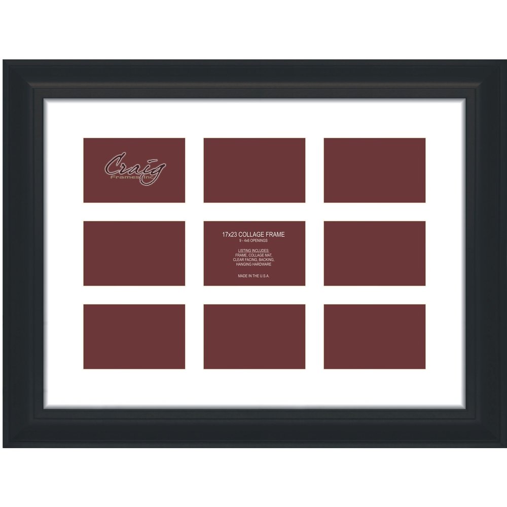 Craig Frames 21834700BK 17 by 23-Inch Black Picture Frame, Single White Collage Mat with 9-4 by 6-Inch Openings