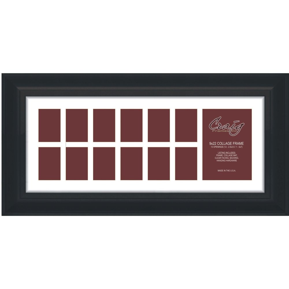 Craig Frames 21834700BK 9 by 22-Inch Black Picture Frame, Single White Collage Mat with 13 Openings