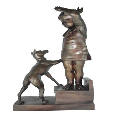 Crying Boy Playing with His Doggy Indoor/Outdoor Bronze Statues Sculptures