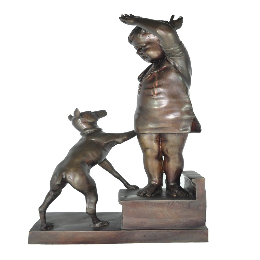 Crying Boy Playing with His Doggy Indoor/Outdoor Bronze Statues Sculptures