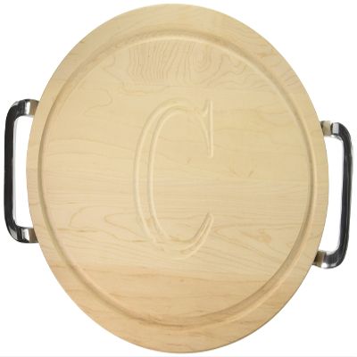 BigWood Boards Oval Cutting Board with Square Polished Aluminum Handle, 12-Inch by 18-Inch by 1-Inch, Monogrammed "C", Maple