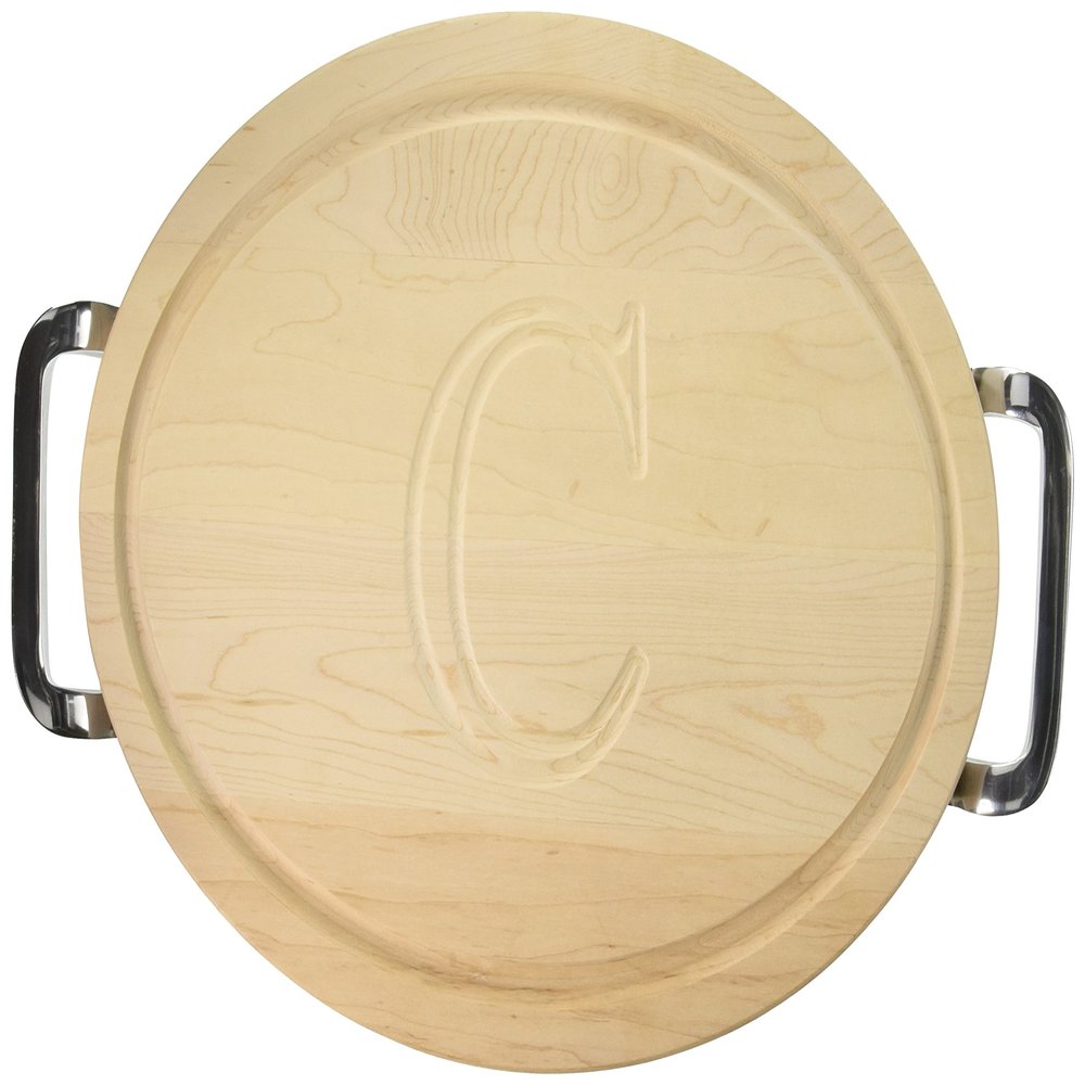 BigWood Boards Oval Cutting Board with Square Polished Aluminum Handle, 12-Inch by 18-Inch by 1-Inch, Monogrammed "C", Maple